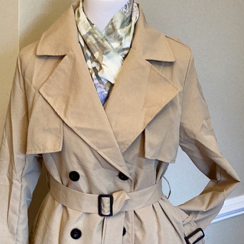 New knee length trench coat,size large double breasted buckle straps sleevesNWOT - Picture 2 of 9